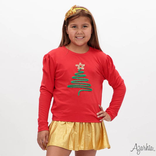 Girls Christmas Tree in Tinsel on Red Holly Top by Azarhia