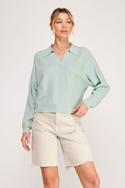 Ladies Soft Fine Gauge Ribbed Dolman Long Sleeve Polo Pullover Sweater-Cool Saige