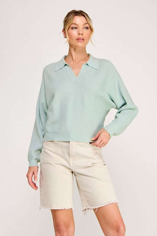 Ladies Soft Fine Gauge Ribbed Dolman Long Sleeve Polo Pullover Sweater-Cool Saige
