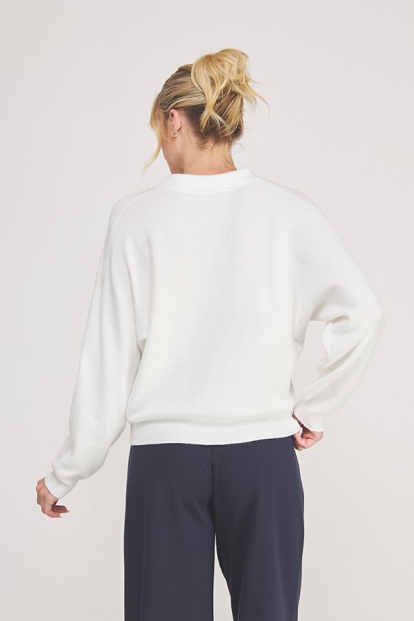 Ladies Soft Fine Gauge Ribbed Dolman Long Sleeve Polo Pullover Sweater-Off White