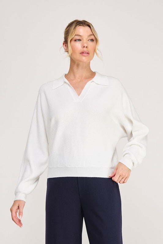Ladies Soft Fine Gauge Ribbed Dolman Long Sleeve Polo Pullover Sweater-Off White