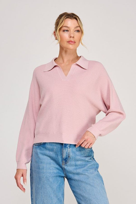 Ladies Soft Fine Gauge Ribbed Dolman Long Sleeve Polo Pullover Sweater-Petal