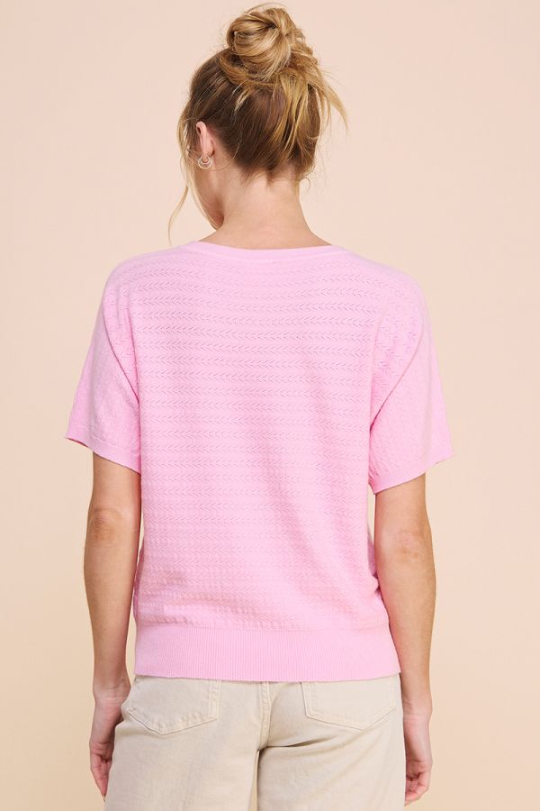 Ladies Soft Fine Gauge Pointelle Short Sleeve Top by Allie Rose - Ballet Pink