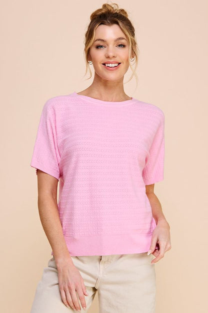 Ladies Soft Fine Gauge Pointelle Short Sleeve Top by Allie Rose - Ballet Pink