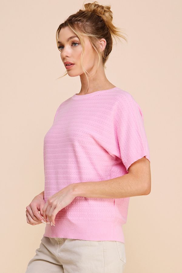 Ladies Soft Fine Gauge Pointelle Short Sleeve Top by Allie Rose - Ballet Pink