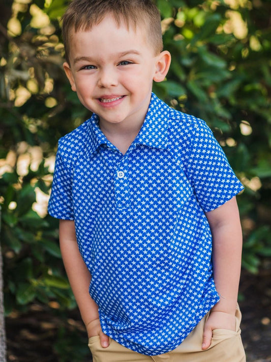 Boys Tiny Blue Stars Knit SS Polo Shirt by RuggedButts
