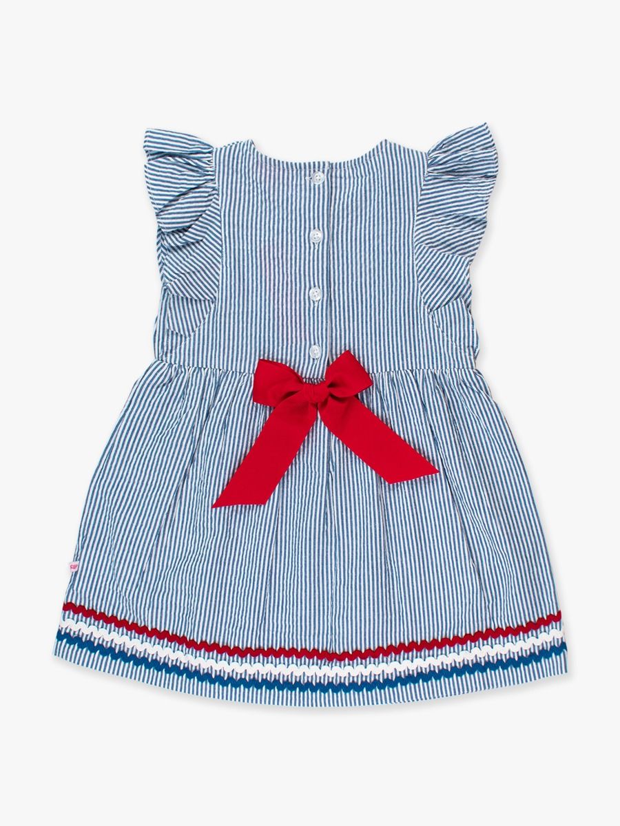 Girls Blue Seersucker Butterfly Sleeve Bow Dress by RuffleButts