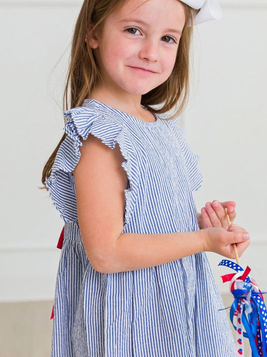 Girls Blue Seersucker Butterfly Sleeve Bow Dress by RuffleButts