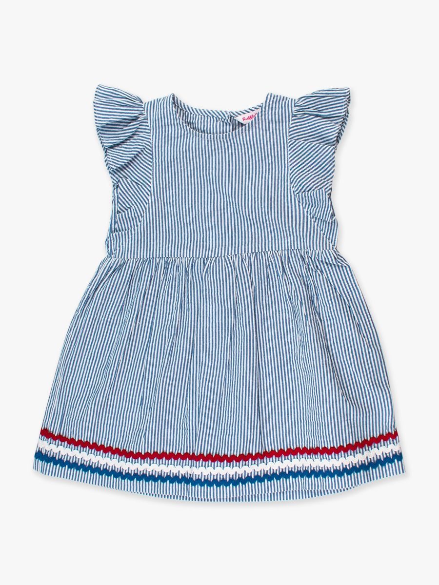 Girls Blue Seersucker Butterfly Sleeve Bow Dress by RuffleButts