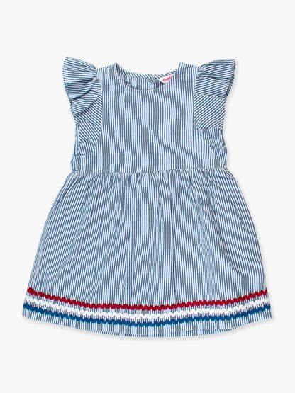 Girls Blue Seersucker Butterfly Sleeve Bow Dress by RuffleButts
