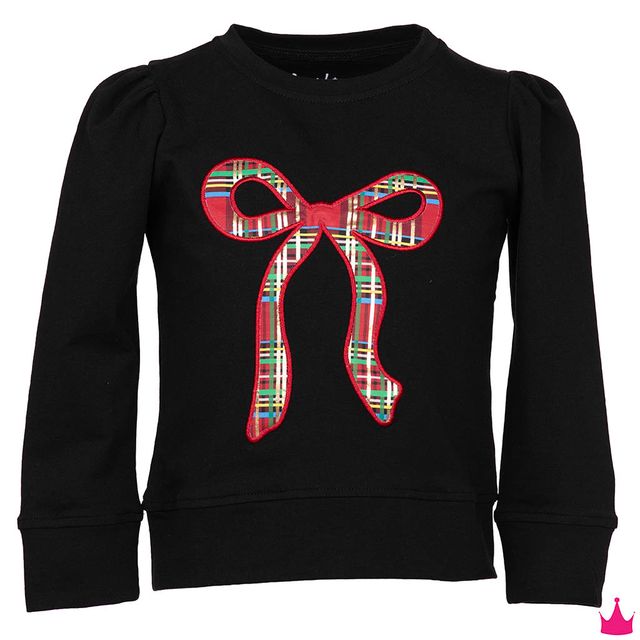 Girls Christmas Plaid Bow Applique Black Holly Top by Azarhia