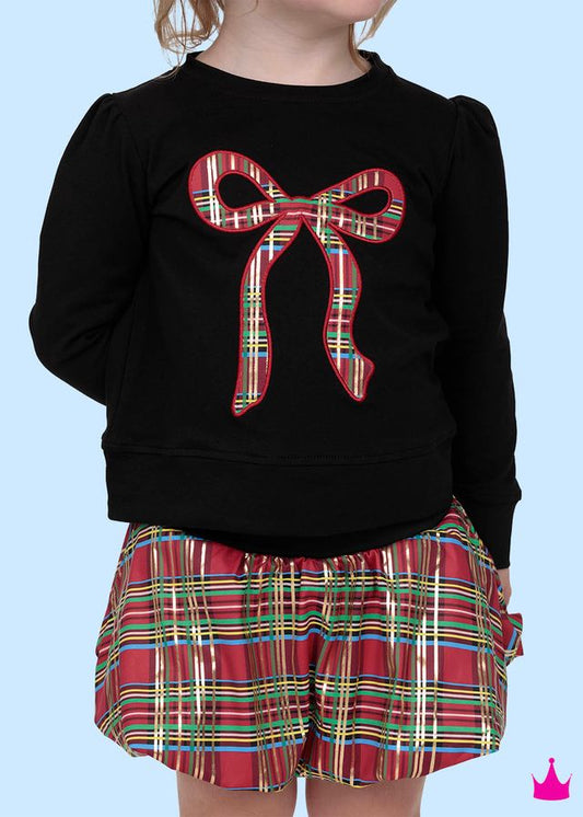 Girls Christmas Plaid Bow Applique Black Holly Top by Azarhia