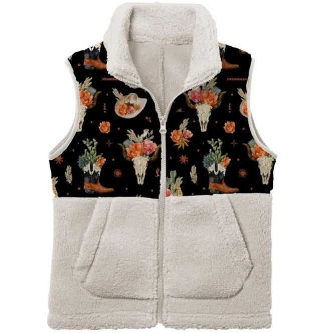 Girls Black Floral Skull Fleece Vest by Shea Baby