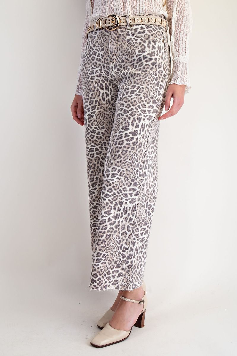 Ladies Easel Animal Print Twill Pants - Mocha