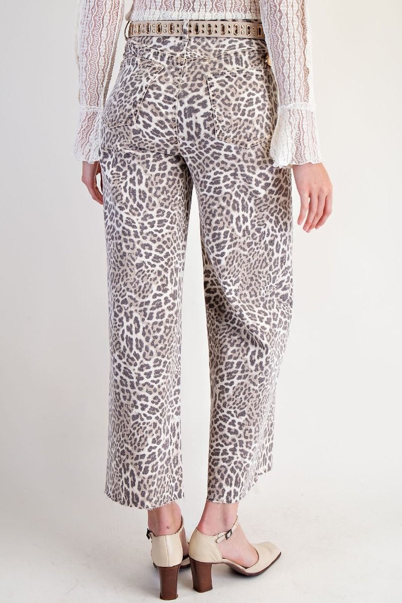Ladies Easel Animal Print Twill Pants - Mocha