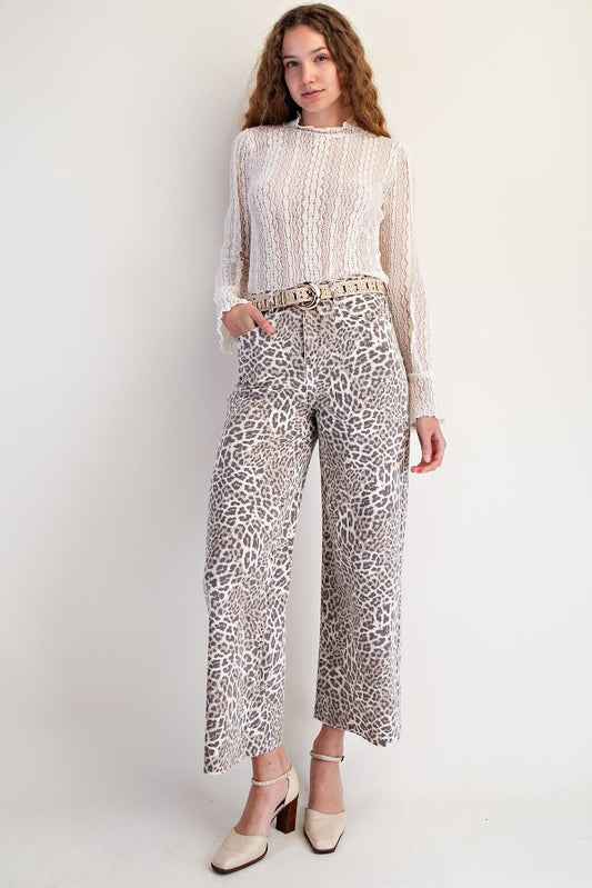 Ladies Easel Animal Print Twill Pants - Mocha