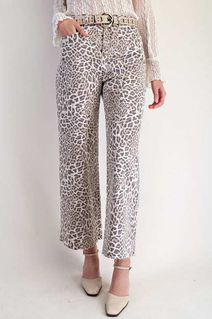 Ladies Easel Animal Print Twill Pants - Mocha