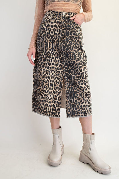Ladies Easel Animal Print Twill Skirt - Brown