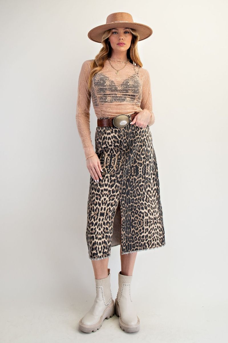 Ladies Easel Animal Print Twill Skirt - Brown