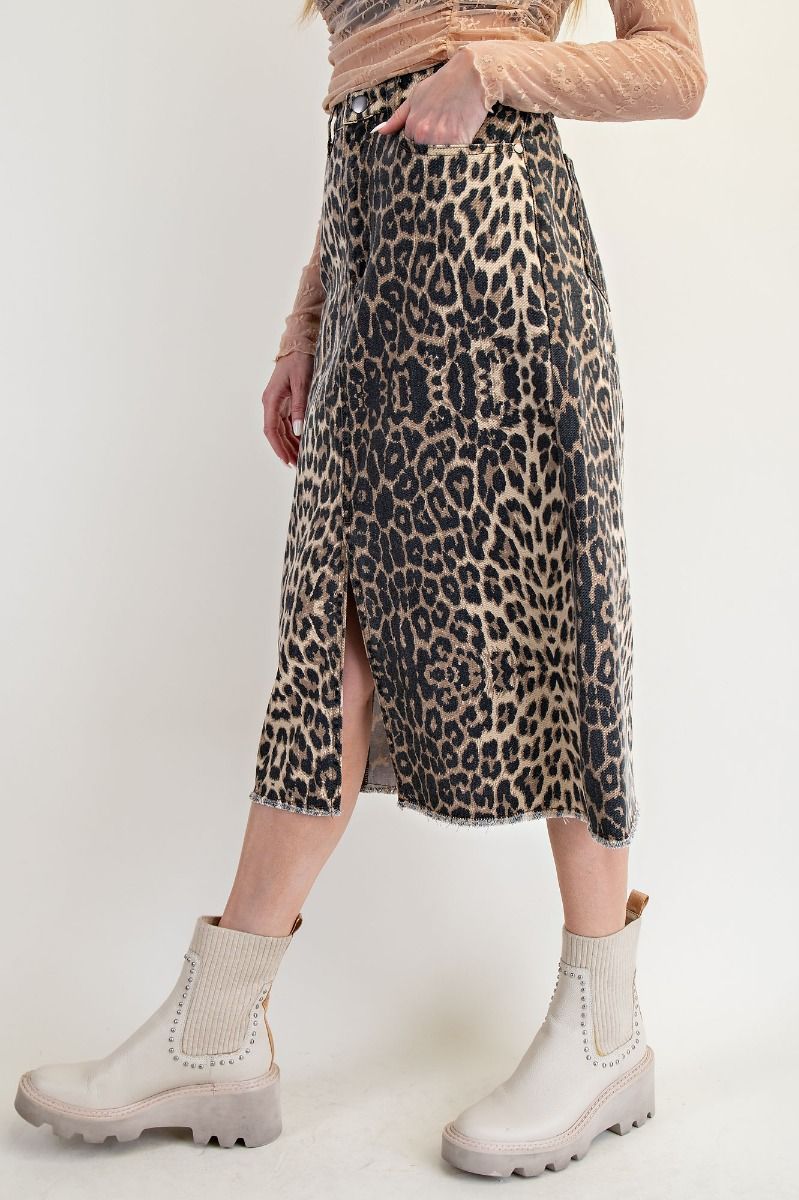 Ladies Easel Animal Print Twill Skirt - Brown