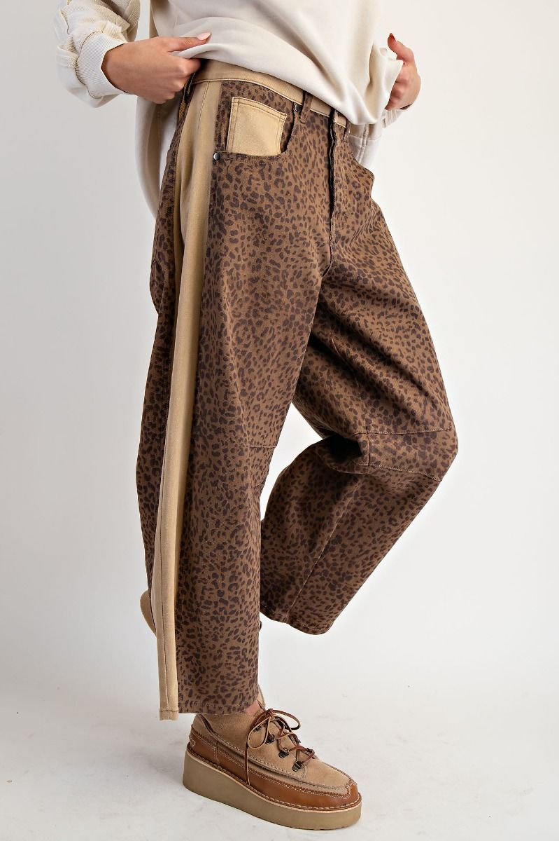 Ladies Easel Animal Print Stretch Twill Barrel Pants-Mocha