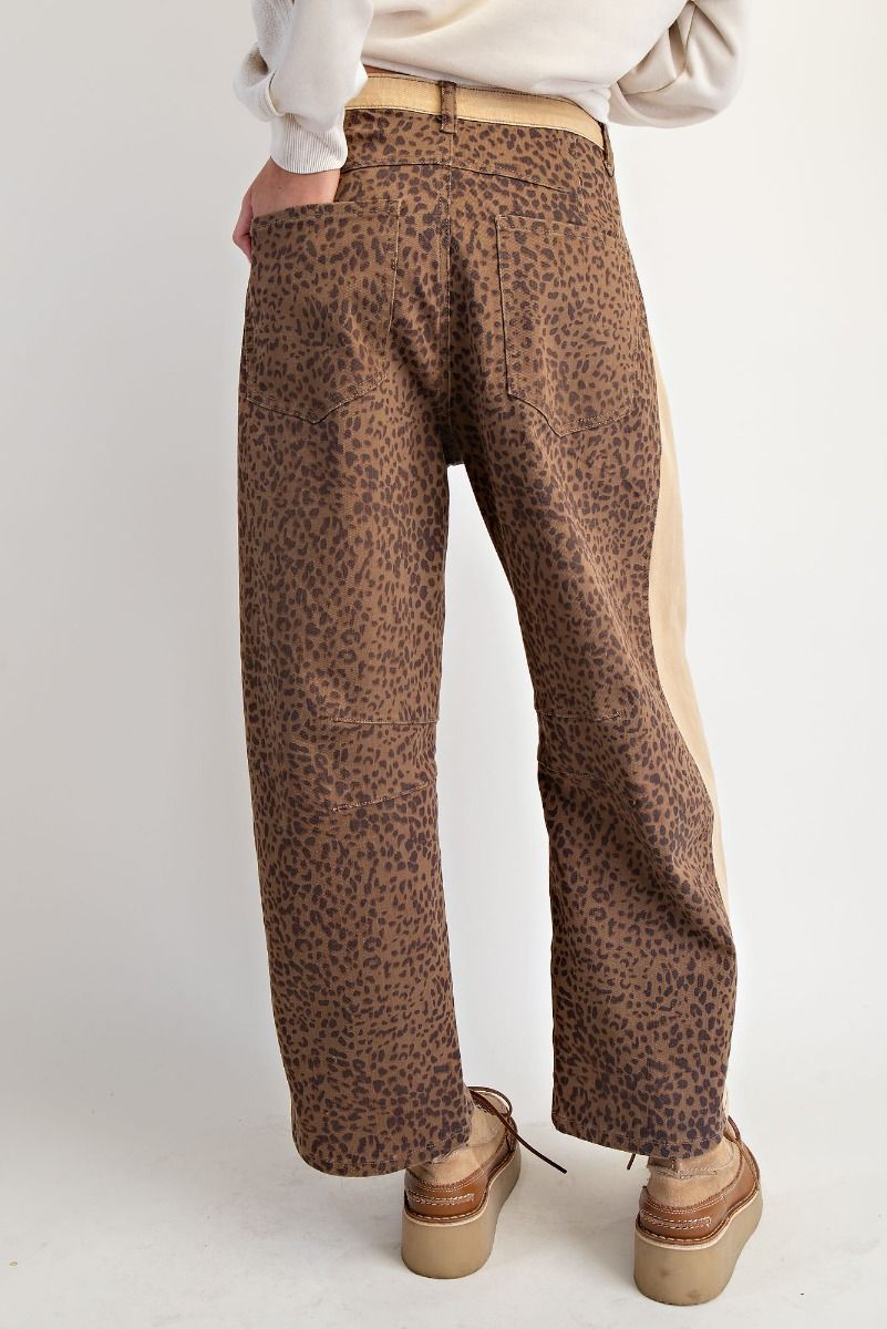 Ladies Easel Animal Print Stretch Twill Barrel Pants-Mocha