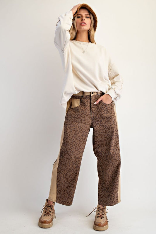 Ladies Easel Animal Print Stretch Twill Barrel Pants-Mocha