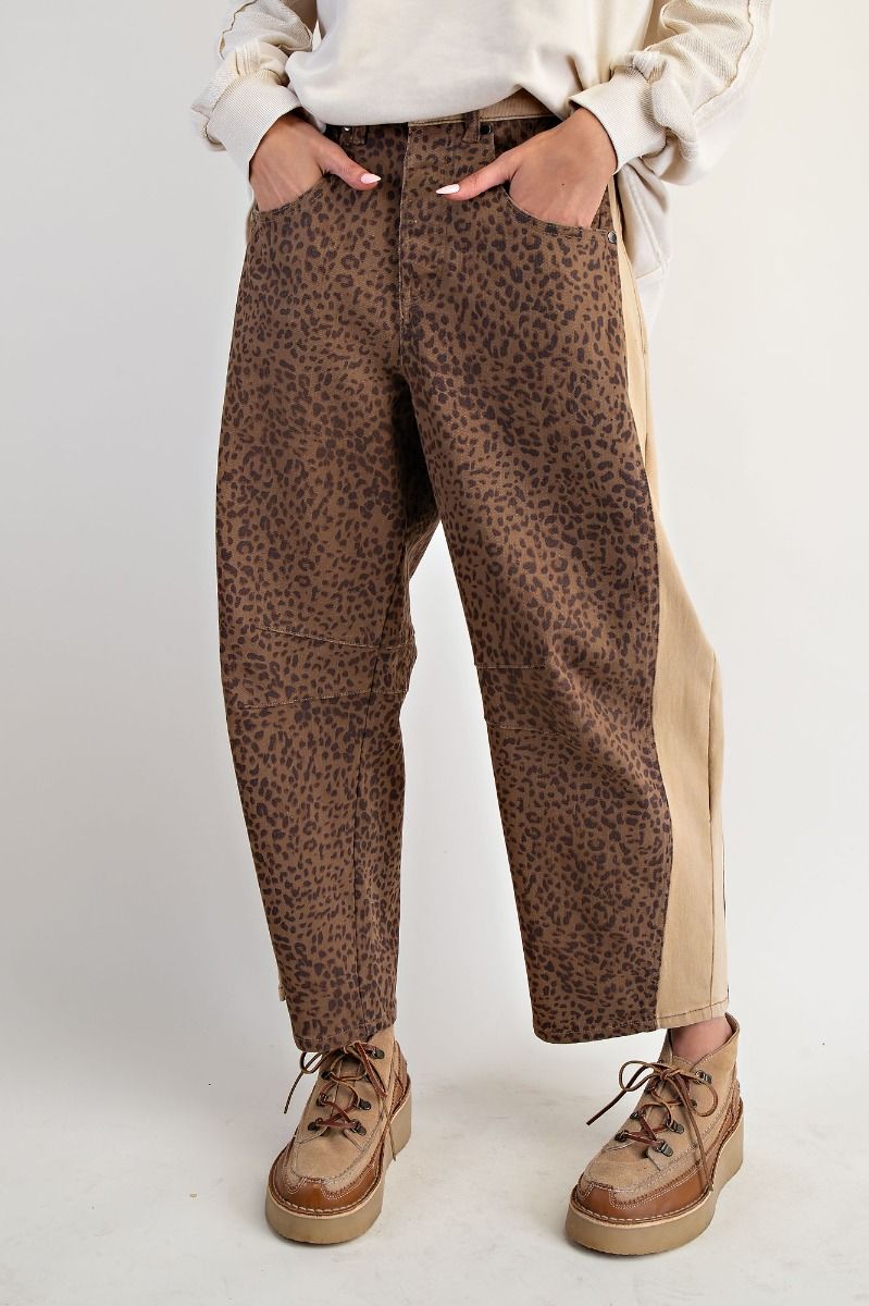 Ladies Easel Animal Print Stretch Twill Barrel Pants-Mocha