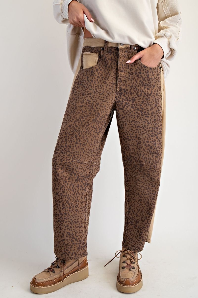 Ladies Easel Animal Print Stretch Twill Barrel Pants-Mocha
