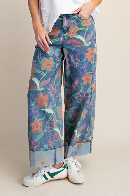 Ladies Signature Print Washed Stretch Denim Pants