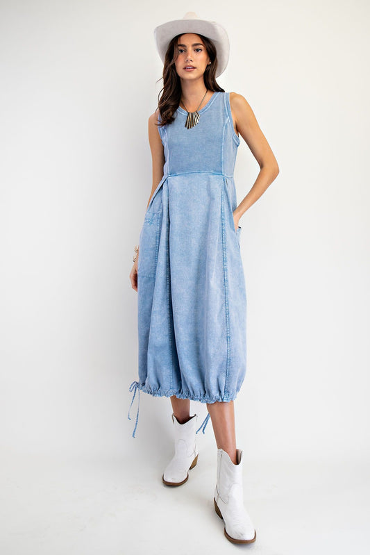 Ladies Mineral Washed Rib Knit and Cotton Woven Mix Cargo Maxi Dress by Easel-Washed Denim