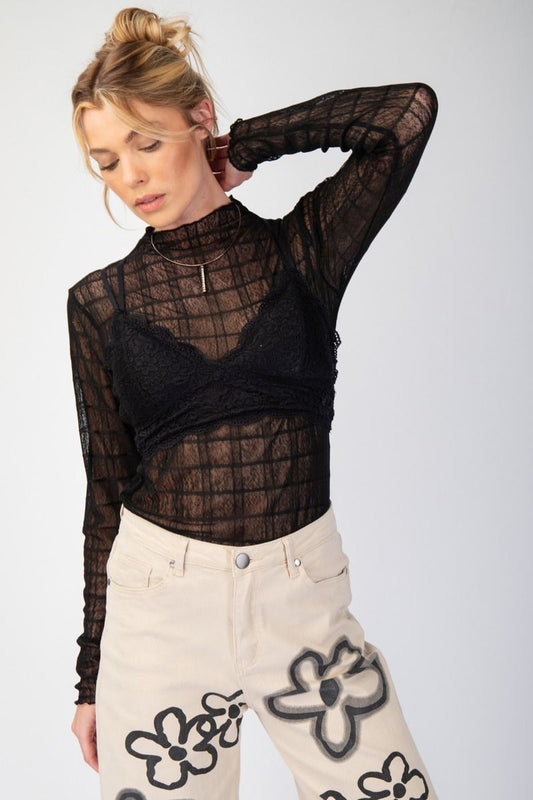 Ladies Long Sleeve Textued Mesh Fitted Top by Easel-Black