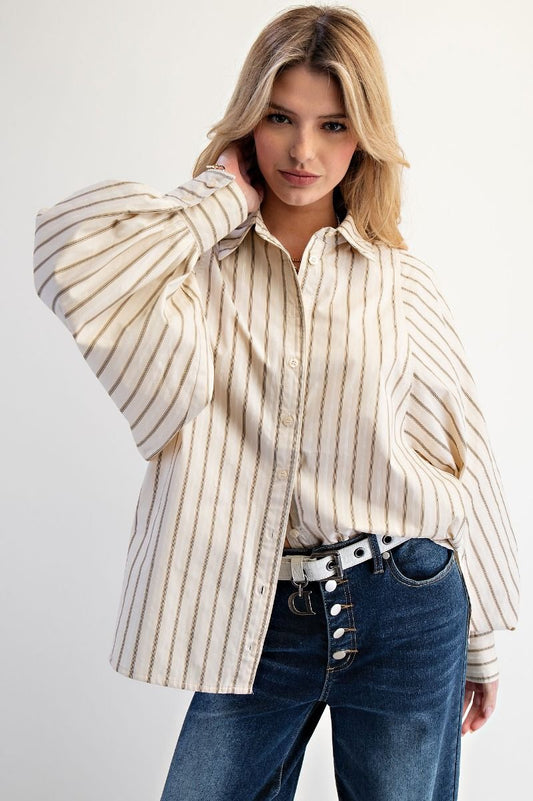 Ladies Easel Striped Button-Down Woven Shirt-Khaki