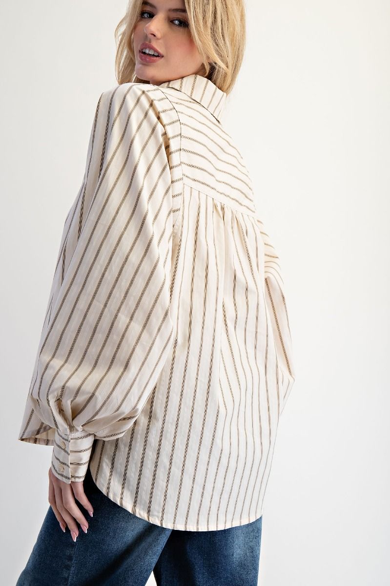 Ladies Easel Striped Button-Down Woven Shirt-Khaki