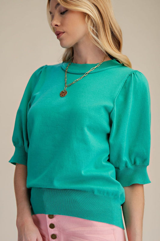 Ladies Short Puff Sleeve Knit Top-Jungle Green