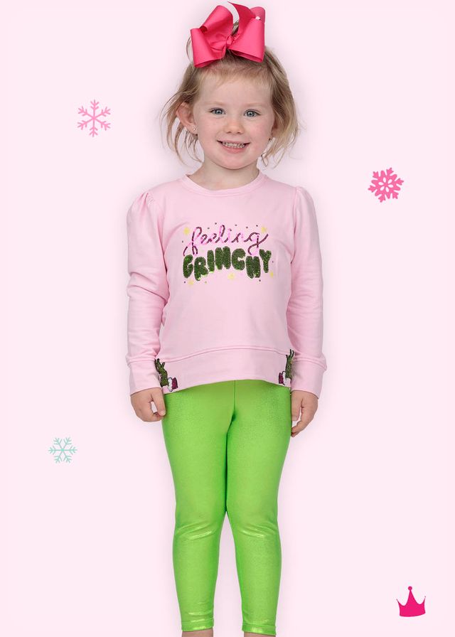 Girls Sequin Feelin Grinchy Pink Holly Top by Azarhia