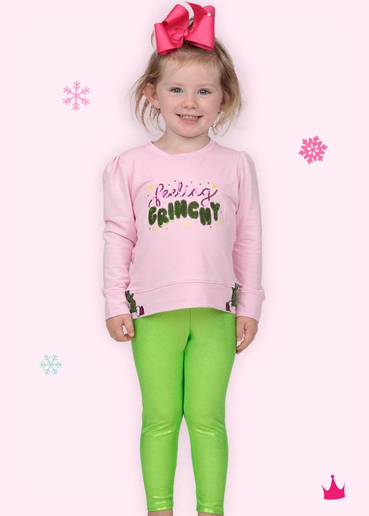 Girls Sequin Feelin Grinchy Pink Holly Top by Azarhia