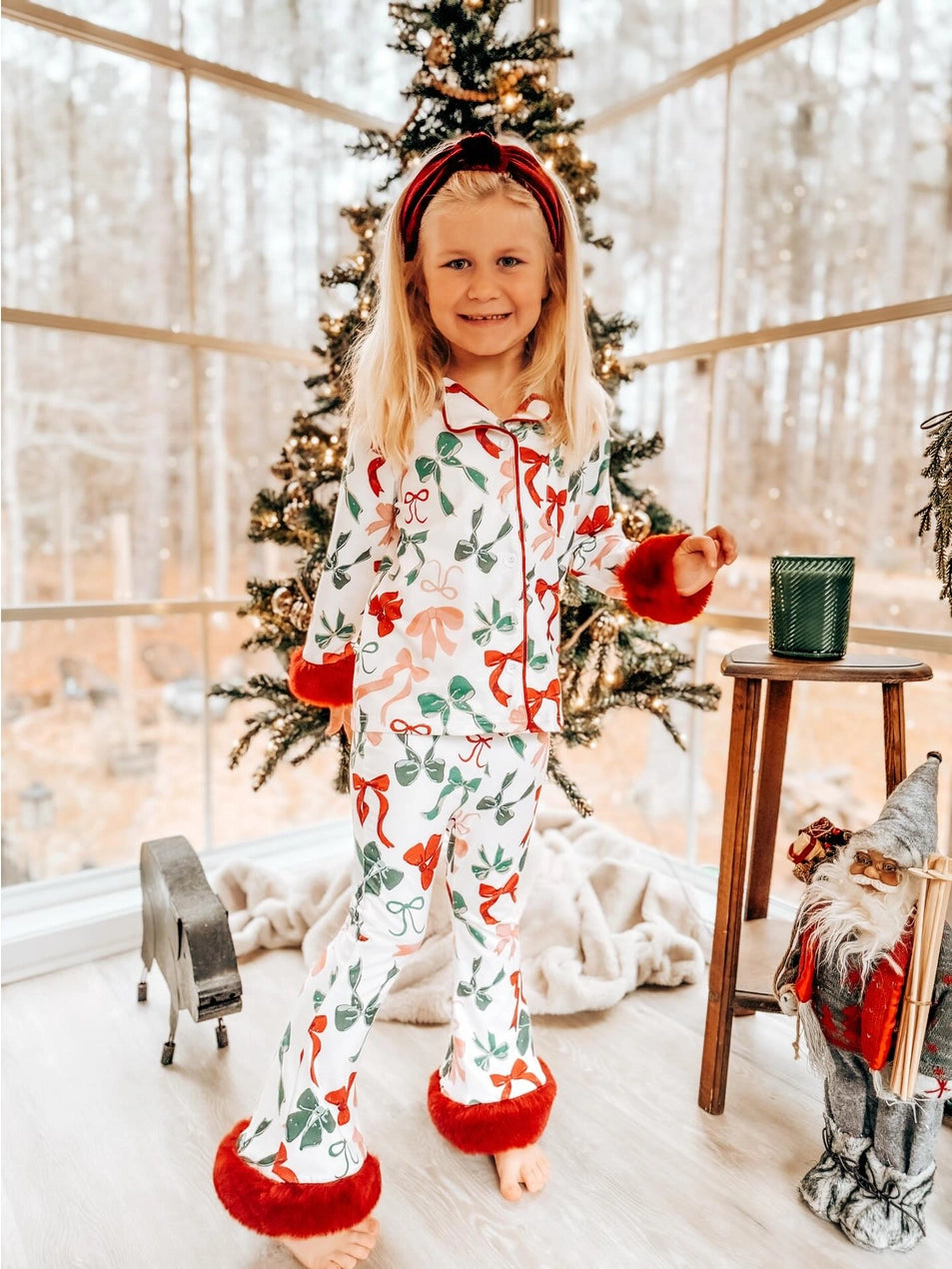 Girls Holiday Bow Print Christmas Pajama Set W/Cozy Red Trim by Riley Faith
