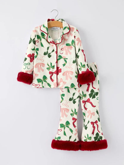 Girls Holiday Bow Print Christmas Pajama Set W/Cozy Red Trim by Riley Faith