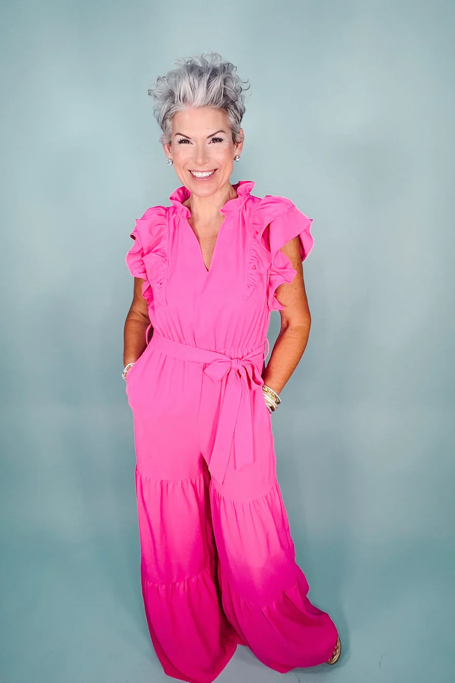 Ladies Airflow Woven Jumpsuit with Shoulder Ruffles and Ribbon Belt by Peach Love CA