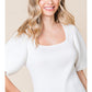 Ladies Jodifl Ribbed Top With Square Neck and Puffed Sleeves-White