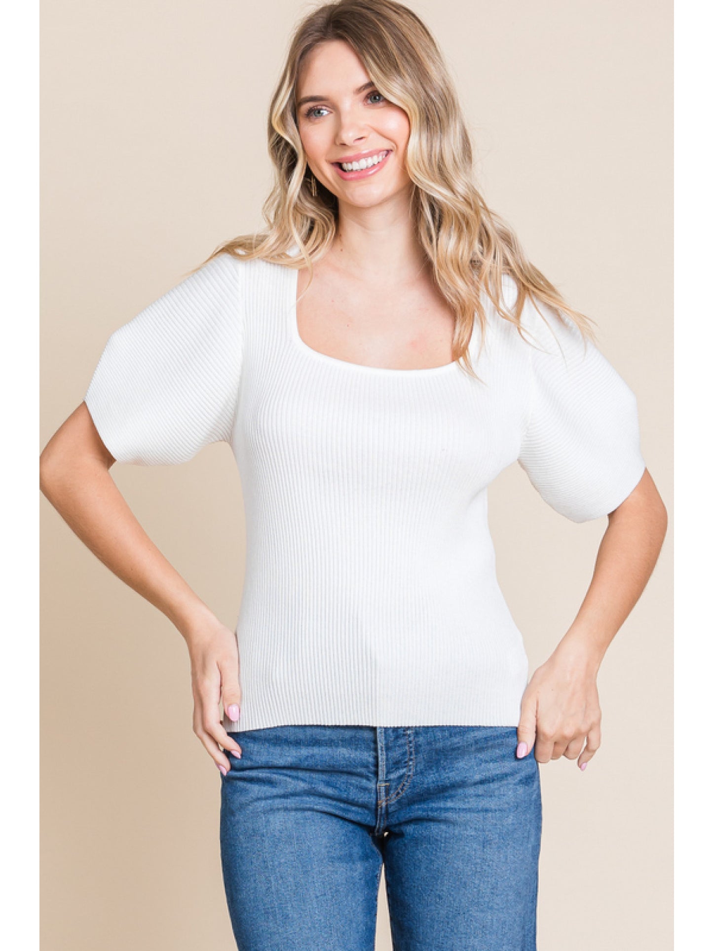 Ladies Jodifl Ribbed Top With Square Neck and Puffed Sleeves-White