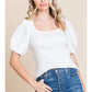 Ladies Jodifl Ribbed Top With Square Neck and Puffed Sleeves-White