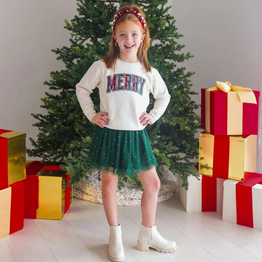 Girls Merry Tartan Patch Christmas Sweatshirt by Sweet Wink