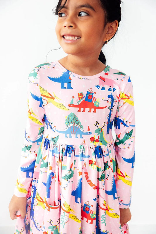 Girls Jingle Saurus L/S Pocket Twirl Dress by Mila & Rose