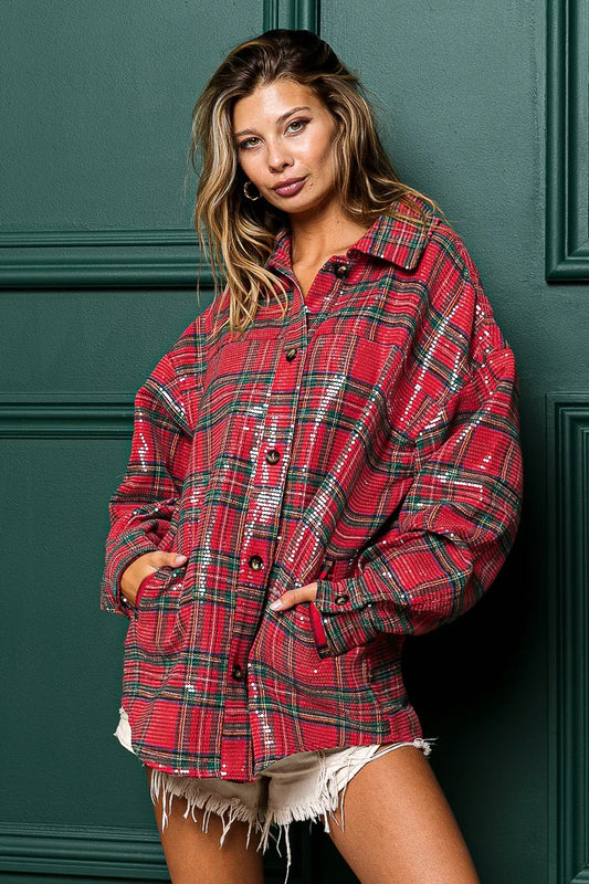 Ladies BiBi Allover Sequins Christmas Plaid Top-Red