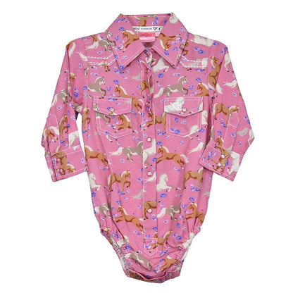 Girls Pink Horse Flowers L/S Print Shirt by Cowboy Hardware