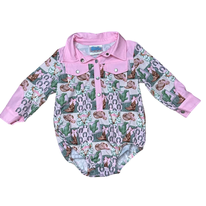 Girls Pink & Green Camo LS Pearl Snap Onesie or Shirt by Shea Baby
