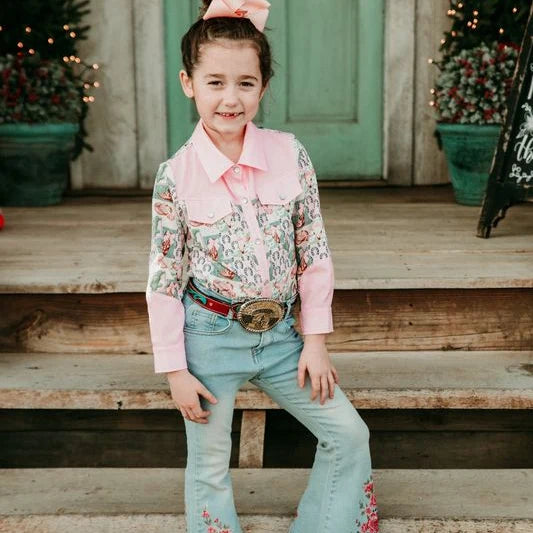 Girls Pink & Green Camo LS Pearl Snap Onesie or Shirt by Shea Baby