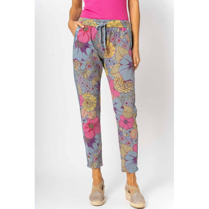Ladies Ribbon Flower Print Jeggings by Look Mode-Blue Jean